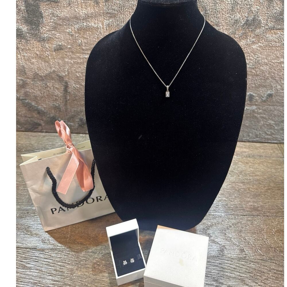 PANDORA .925 Sterling Silver Luminous Ice Crystal Pendant Necklace & Earrings